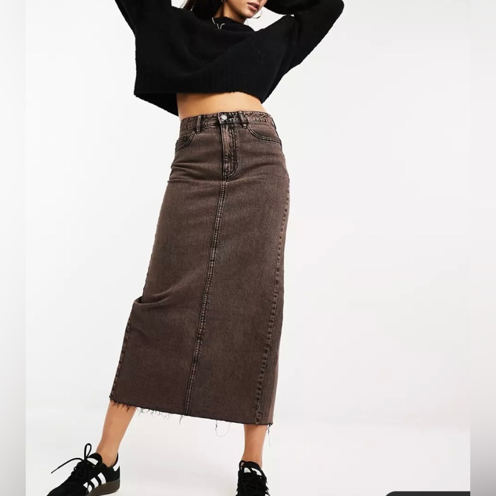 Brown Stretch Denim Midi Skirt